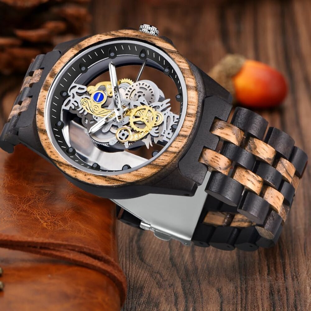 Men's Black Brown Lightweight Wooden Analog Quartz Deployment Closure Watches - Picture 3 of 8